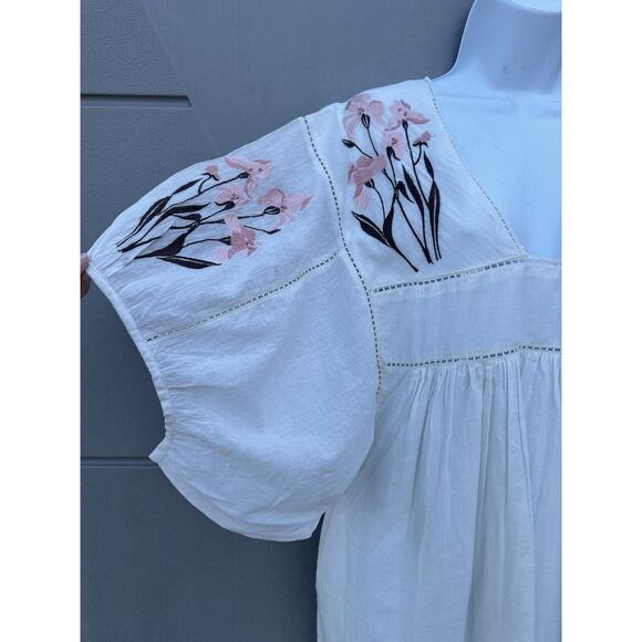 St Roche Lake Gauze Midi dress Ivory and Pink Embroidered w/Pockets Sz M NWT - Picture 6 of 16